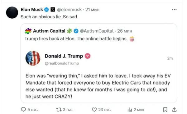 Илон Маск заявил, что Дональд Трамп проиграл бы без него выборы, на что тот ответил, что миллиардер "сошёл с ума"